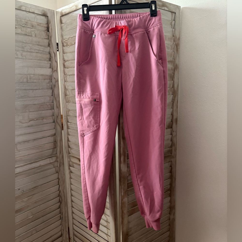 Figs Pink Jogger Scrub Pants with Red Drawstring